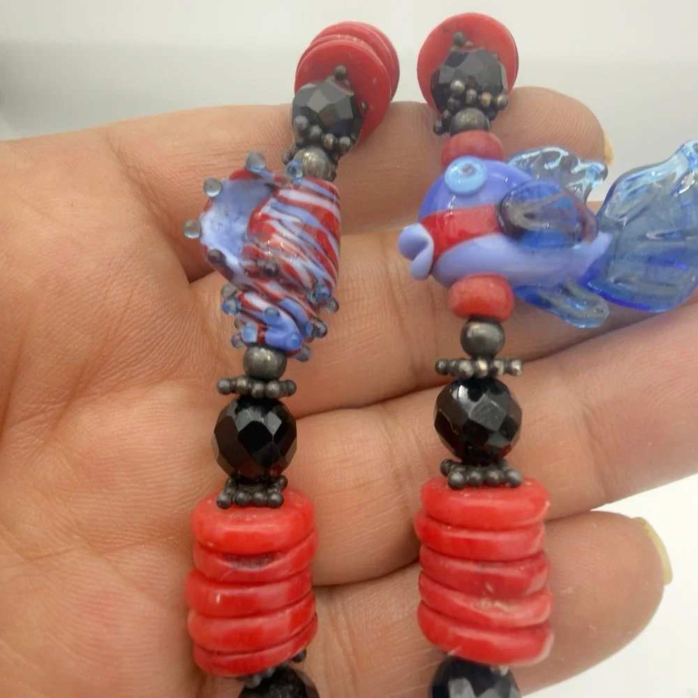 Vtg Sterling Silver Hand blow Glass Bead Necklace Fish Red Coral Y Drop Signed